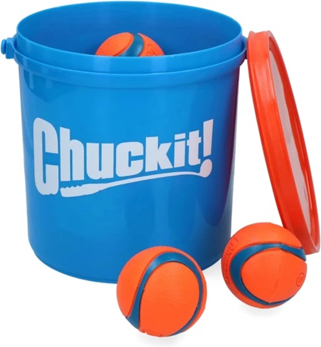 Chuckit! Bucket Met 8 Ultra Ballen (M) – Honden Speelgoed – Apporteren – Drijft Op Water – Stuitert – Veilig Voor Gebit – Honden Bal – Ideaal Met De Ballenwerper – Ø 7cm – Oranje/Blauw - Apporteerspeelgoed