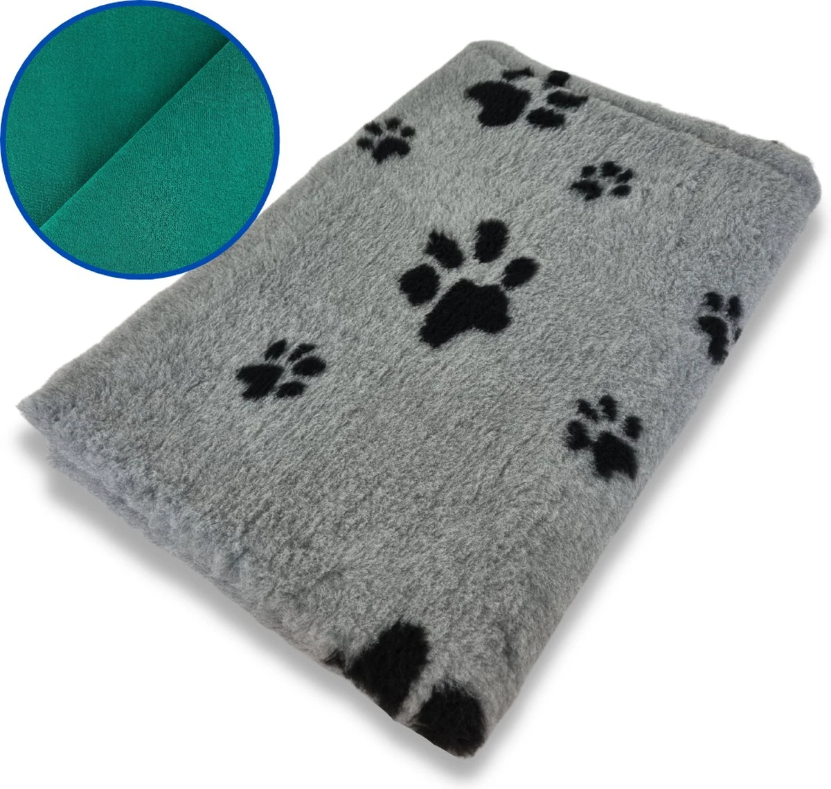 Vet Bed Grijs Met Voetprint Groene Rug 22mm 150x100 Cm