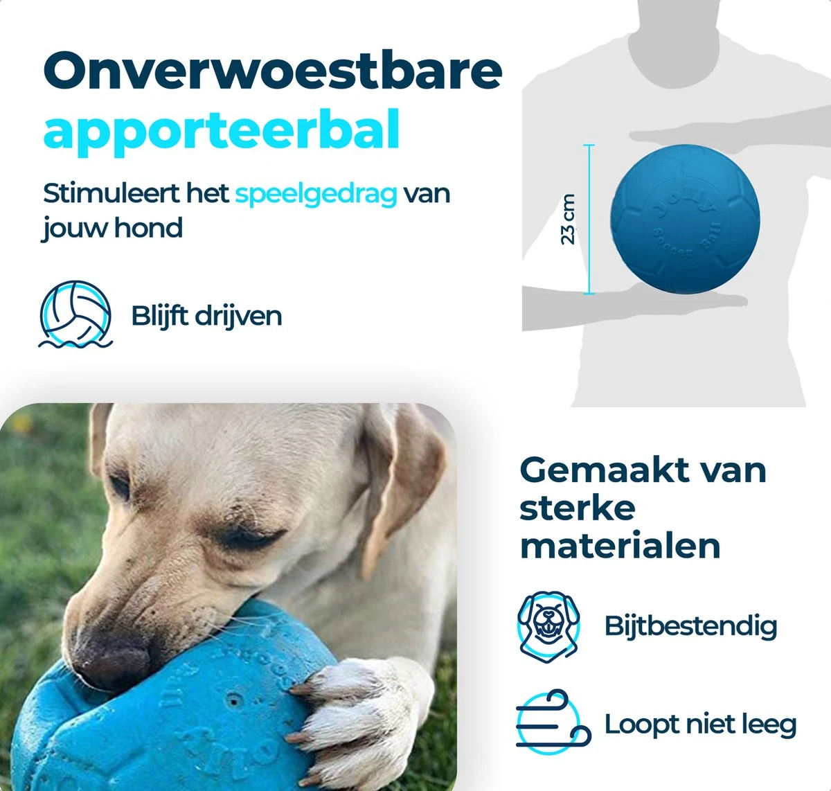 Jolly Pets Jolly Soccer Ball – Hondenspeelgoed – Hondenspeeltjes Voor Binnen En Buiten – Hondenbal Voor Honden – Hondenvoetbal – Jollyflex Stevig Kunststof – Drijvend Hondenspeeltje – Ø20cm – Licht Blauw - Afbeelding 2