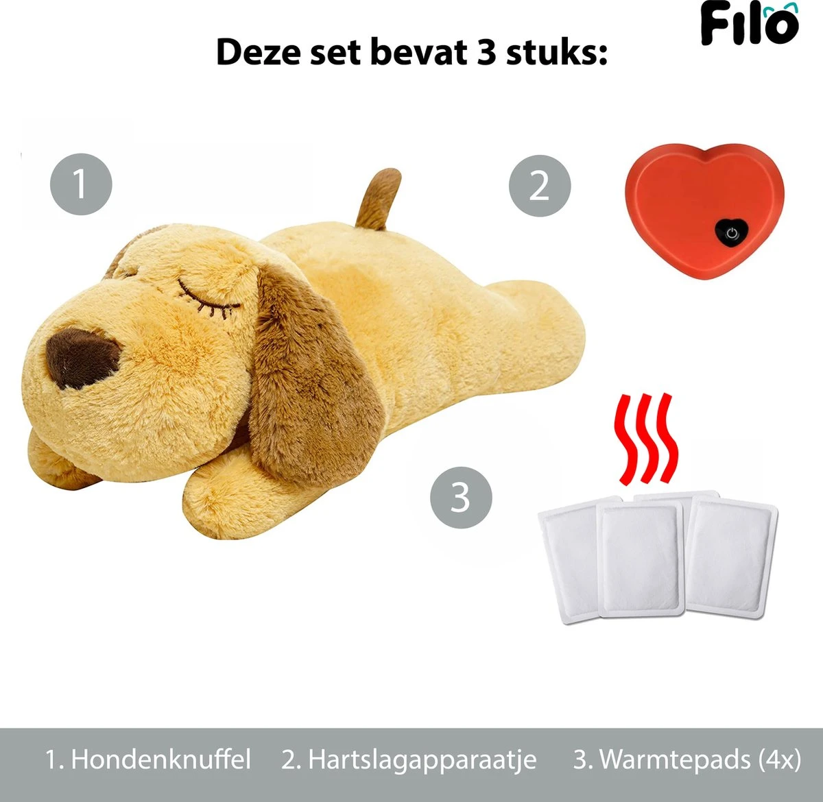 Filo Hondenknuffel Met Hartslag En Warmtebron - Hartslagknuffel Hondenspeelgoed Snuggle Puppy - Knuffel Met Hartslag - Heartbeat Knuffel Hond - Afbeelding 7