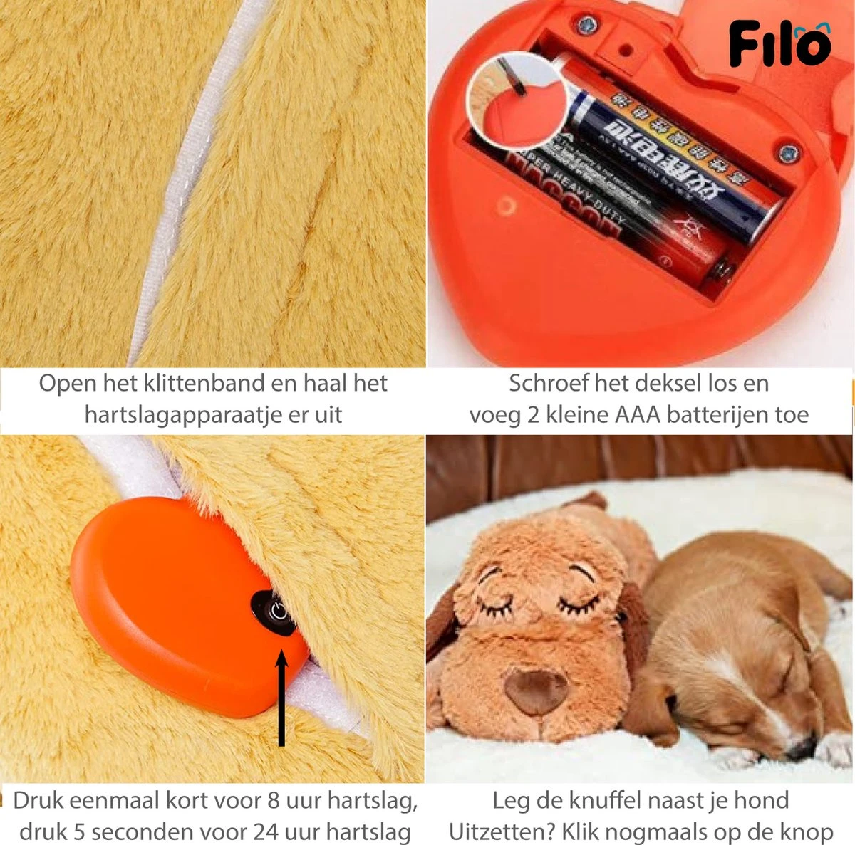 Filo Hondenknuffel Met Hartslag En Warmtebron - Hartslagknuffel Hondenspeelgoed Snuggle Puppy - Knuffel Met Hartslag - Heartbeat Knuffel Hond - Afbeelding 9