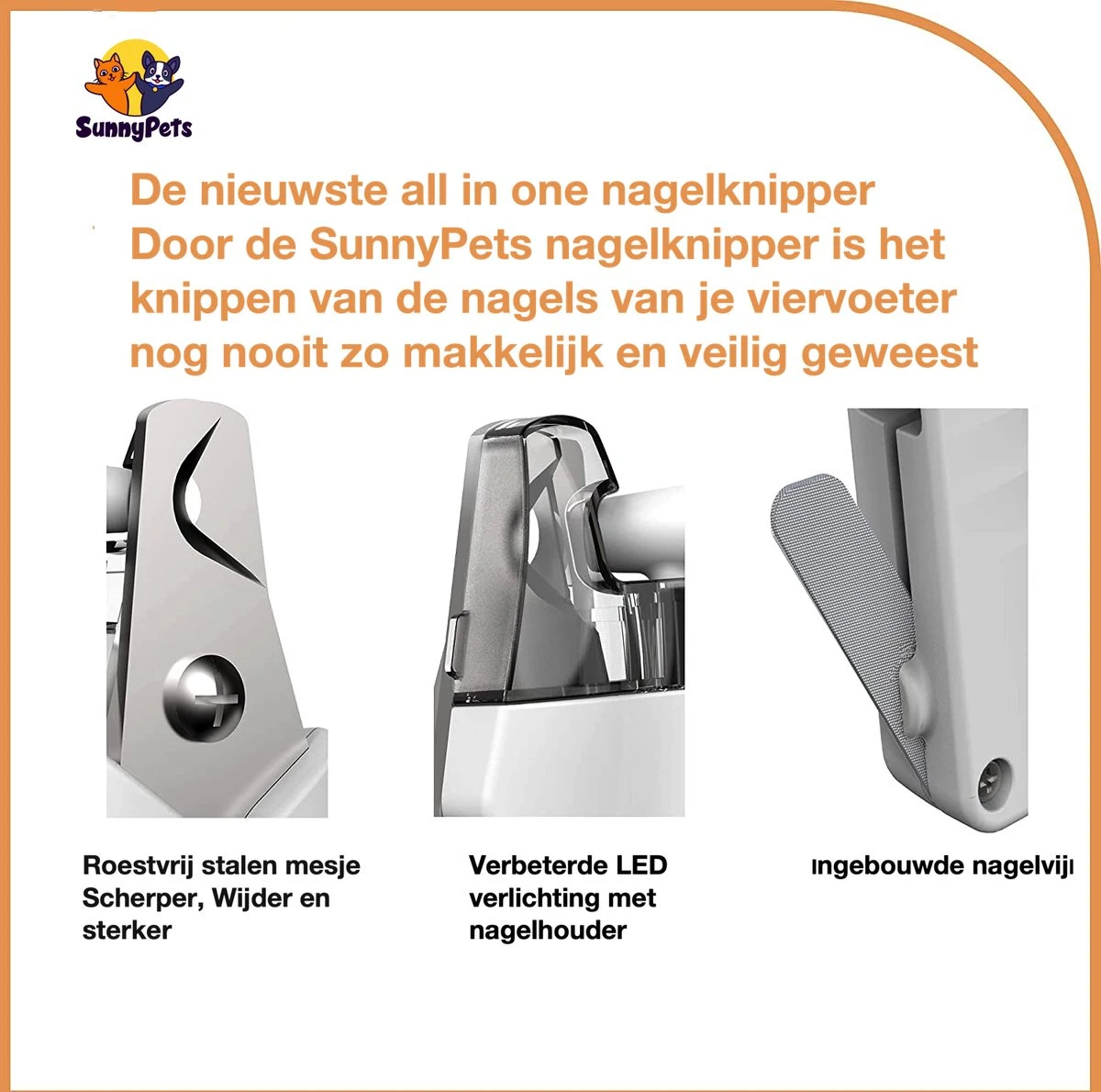SunnyPets - Professionele Dieren Nagelknipper - Wit - Met LED En Vijl - Hond - Kat - Geschikt Voor Alle - Nageltang - Afbeelding 3