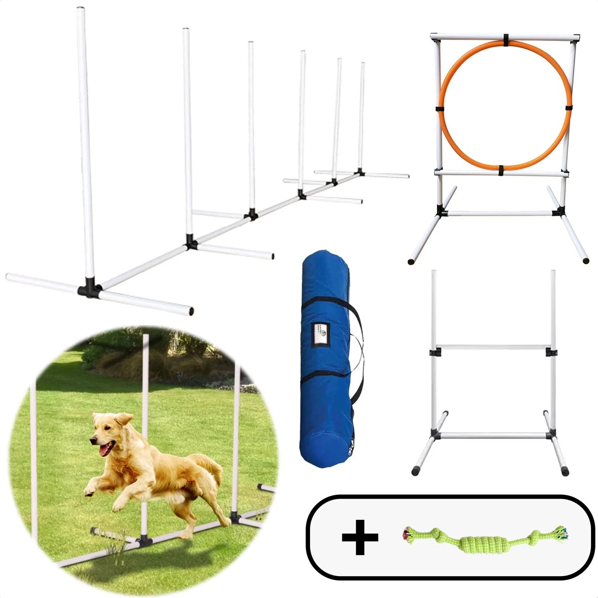 AYOO Agility Voor De Hond - Honden Training - Honden Behendigheid Set - Hondenparcours - Training Huisdieren - Honden Agility Set - Slalom - Horde - Draagzak - Agility Set - Oranje - Wit - GRATIS Speeltouw