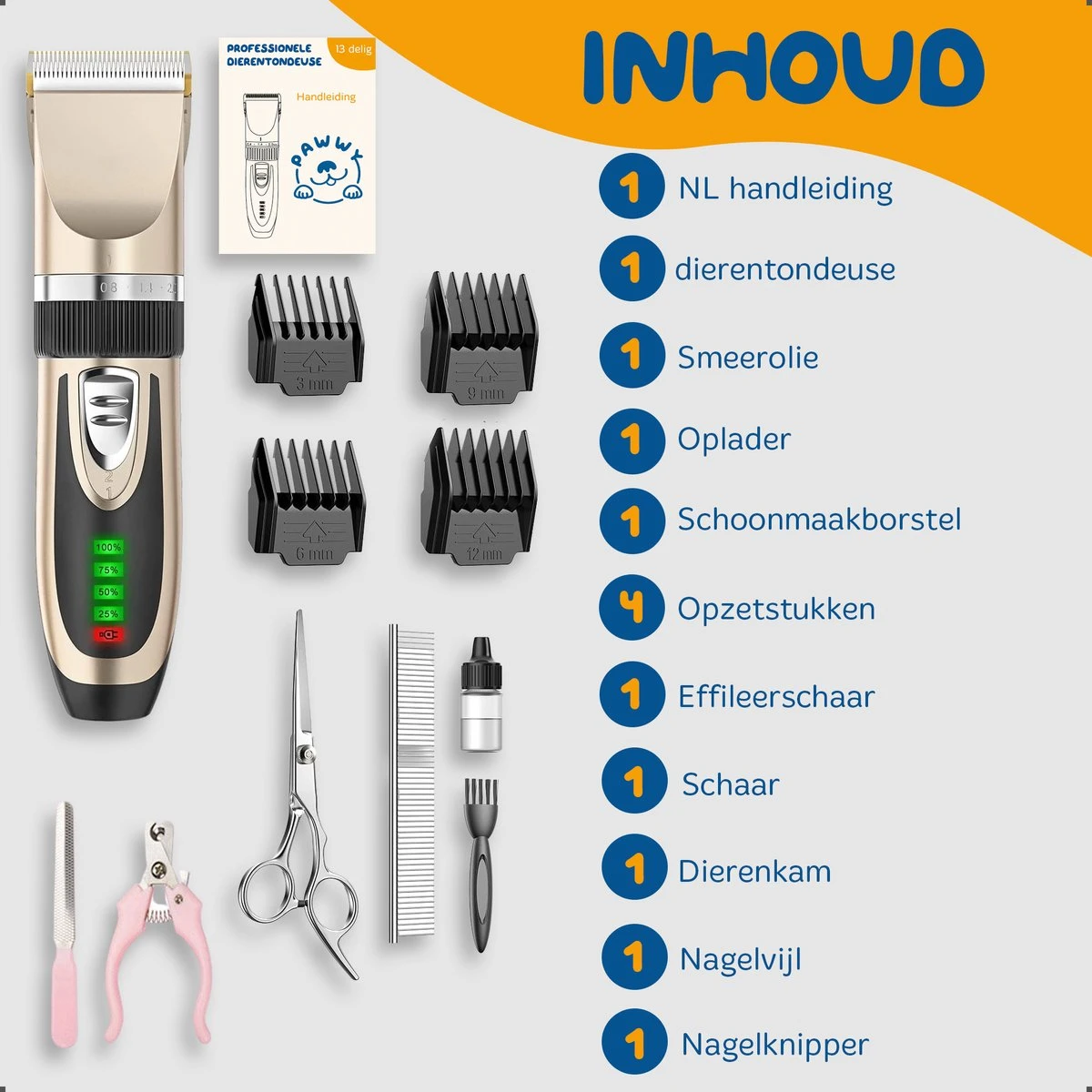 Pawwy Dieren Tondeuse Set Draadloos Voor Honden En Katten – Voor Dikke Vacht - Hondentondeuse – Hondentrimmer - Scheerapparaat - Goud - Afbeelding 11