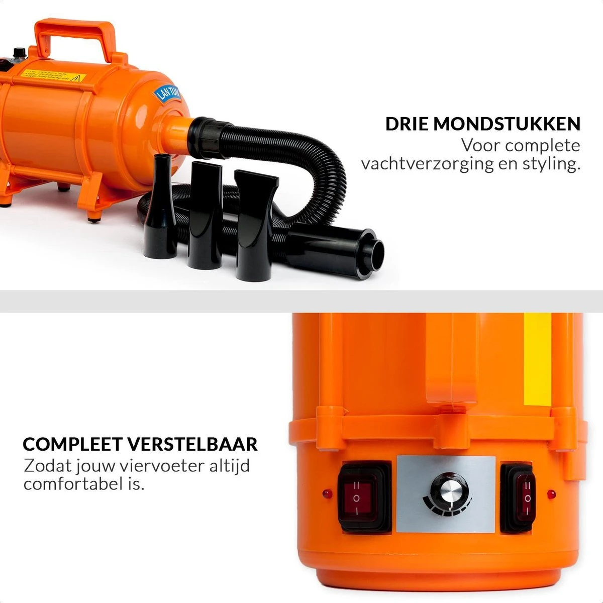 Krachtige Hondenföhn/ Waterblazer Met Draaiknop Om Overtollig Water En Stof Snel Uit De Vacht Te Blazen | Verstelbare Vermogen Standen (500W Tot 2200W) En Verstelbare Temperatuur - Type B Oranje - Afbeelding 7