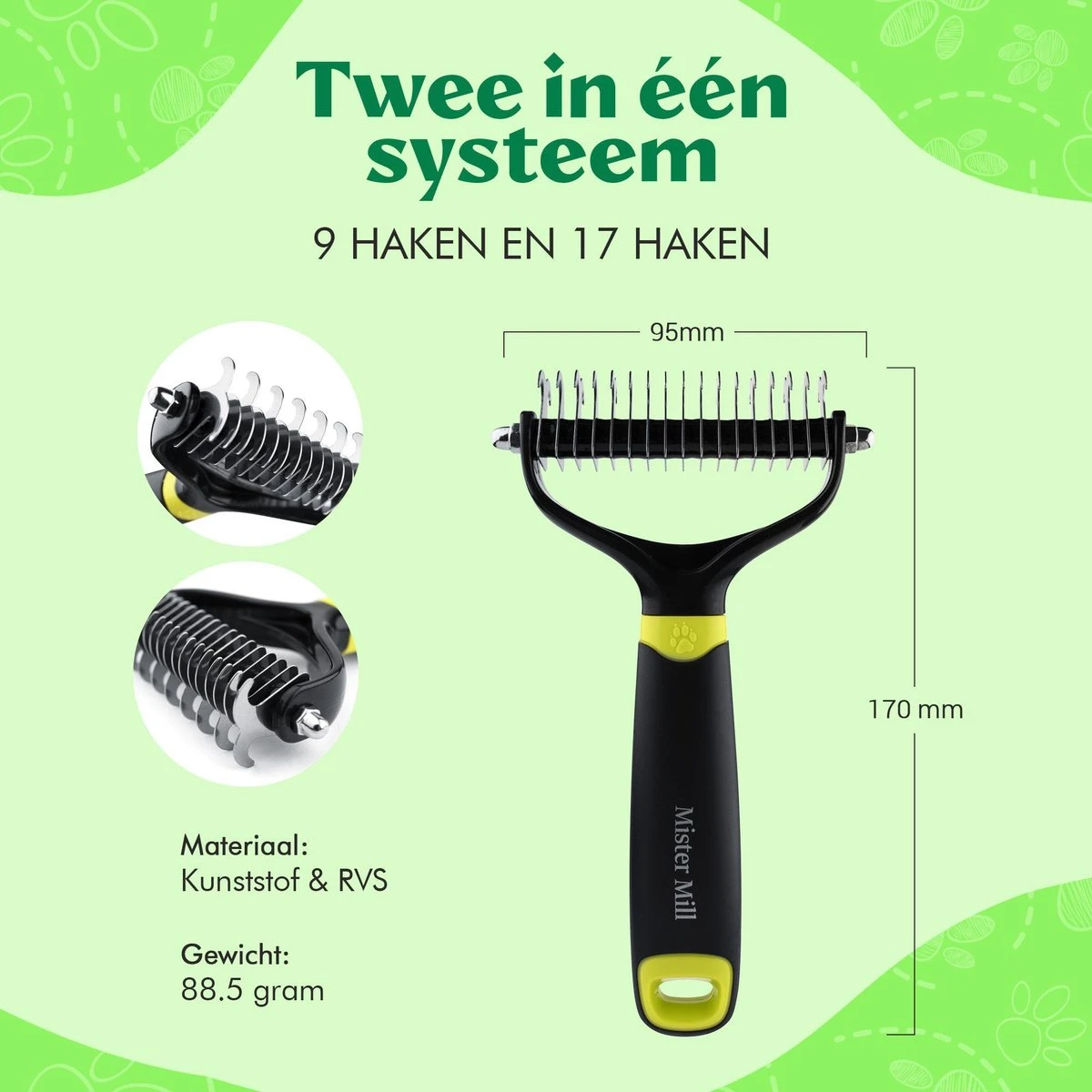 Mister Mill Professionele 2-Zijdige Ondervacht Kam Voor Hond En Kat – Honden/Kattenborstel – Klittenkam – 9,5 Cm. - Afbeelding 3