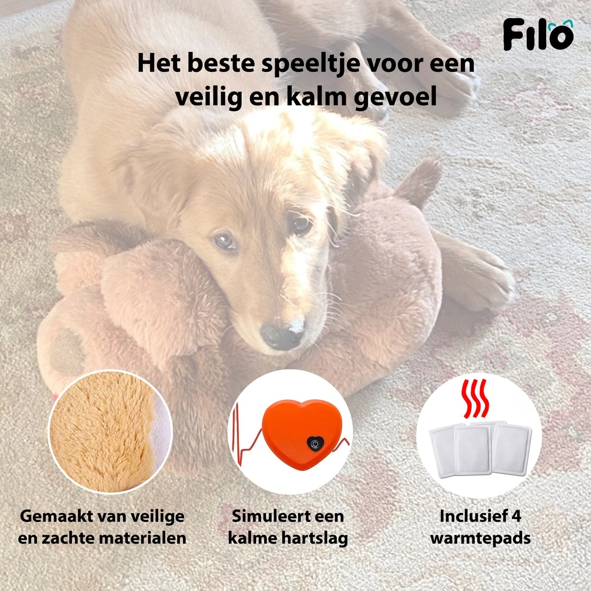 Filo Hondenknuffel Met Hartslag En Warmtebron - Hartslagknuffel Hondenspeelgoed Snuggle Puppy - Knuffel Met Hartslag - Heartbeat Knuffel Hond - Afbeelding 3
