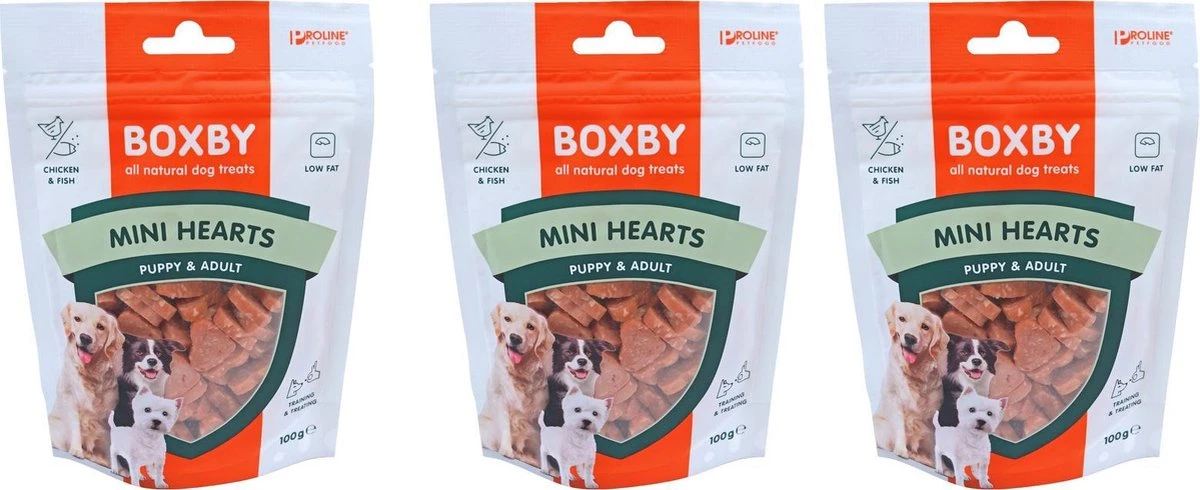 Proline Boxby Puppy Snacks, Mini Hearts. Inhoud: 100 Gram. Per 3 Verpakkingen